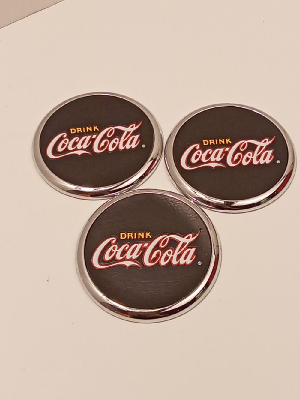 Vintage 1999 Coca-Cola Chrome & Black Faux Leather Coasters Lot of 3